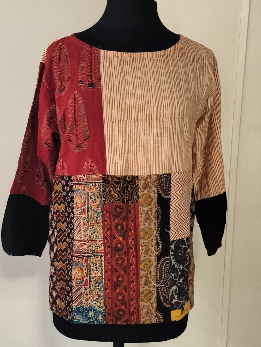 Bohemian Patchwork Long-Sleeve Blouse in Red & Cream